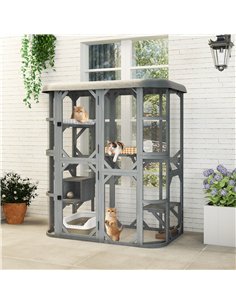PawHut Catio Outdoor Cat Enclosure,  Wooden Cat House with Platforms, Condo and Waterproof Cover for 2–3 Kittens, Grey 2