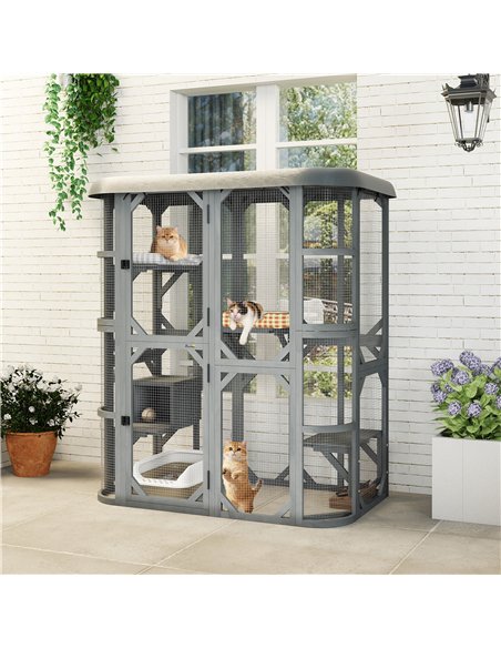 PawHut Catio Outdoor Cat Enclosure,  Wooden Cat House with Platforms, Condo and Waterproof Cover for 2–3 Kittens, Grey - pic 194447 | FastDaddyshop