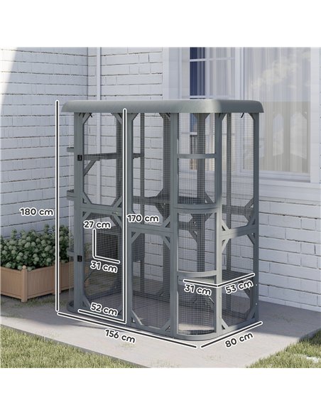 PawHut Catio Outdoor Cat Enclosure,  Wooden Cat House with Platforms, Condo and Waterproof Cover for 2–3 Kittens, Grey - pic 194448 | FastDaddyshop