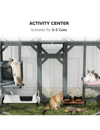 PawHut Catio Outdoor Cat Enclosure,  Wooden Cat House with Platforms, Condo and Waterproof Cover for 2–3 Kittens, Grey