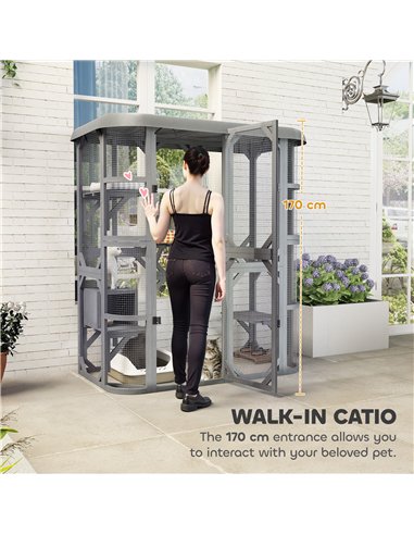 PawHut Catio Outdoor Cat Enclosure,  Wooden Cat House with Platforms, Condo and Waterproof Cover for 2–3 Kittens, Grey