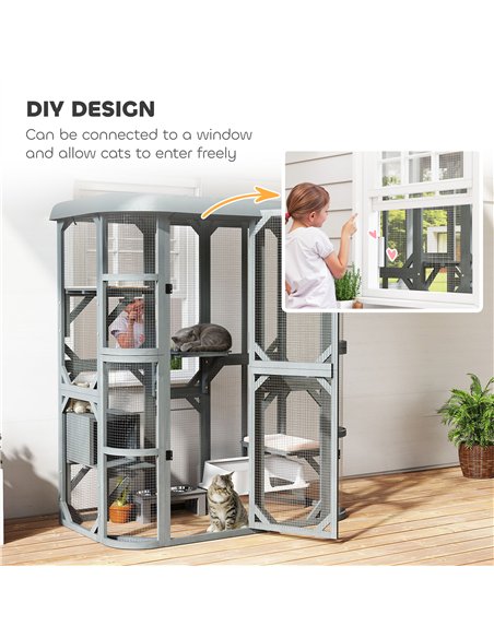 PawHut Catio Outdoor Cat Enclosure,  Wooden Cat House with Platforms, Condo and Waterproof Cover for 2–3 Kittens, Grey - pic 194451 | FastDaddyshop