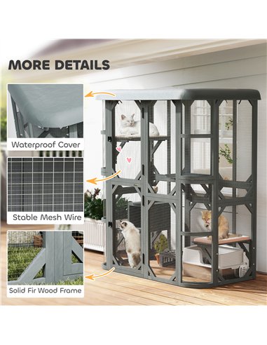 PawHut Catio Outdoor Cat Enclosure,  Wooden Cat House with Platforms, Condo and Waterproof Cover for 2–3 Kittens, Grey
