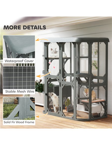 PawHut Catio Outdoor Cat Enclosure,  Wooden Cat House with Platforms, Condo and Waterproof Cover for 2–3 Kittens, Grey - pic 194452 | FastDaddyshop