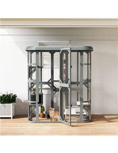 PawHut Catio Outdoor Cat Enclosure,  Wooden Cat House with Platforms, Condo and Waterproof Cover for 2–3 Kittens, Grey