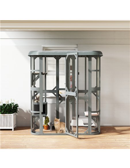PawHut Catio Outdoor Cat Enclosure,  Wooden Cat House with Platforms, Condo and Waterproof Cover for 2–3 Kittens, Grey - pic 194453 | FastDaddyshop