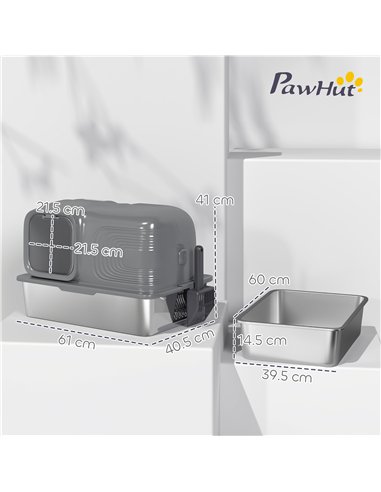 PawHut 65L Extra Large Stainless Steel Litter Tray with Plasma Deodoriser System, High Sided, Easy to Clean & Odour-Resistant