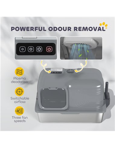 PawHut 65L Extra Large Stainless Steel Litter Tray with Plasma Deodoriser System, High Sided, Easy to Clean & Odour-Resistant