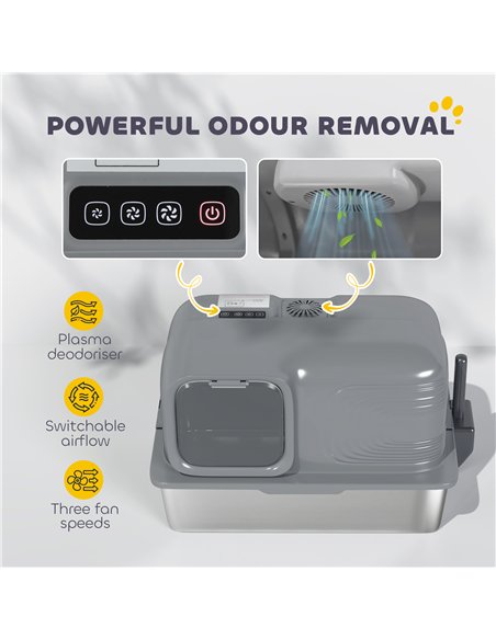 PawHut 65L Extra Large Stainless Steel Litter Tray with Plasma Deodoriser System, High Sided, Easy to Clean & Odour-Resistant - pic 194467 | FastDaddyshop