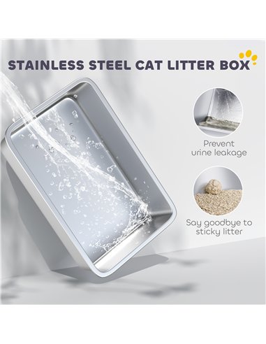 PawHut 65L Extra Large Stainless Steel Litter Tray with Plasma Deodoriser System, High Sided, Easy to Clean & Odour-Resistant