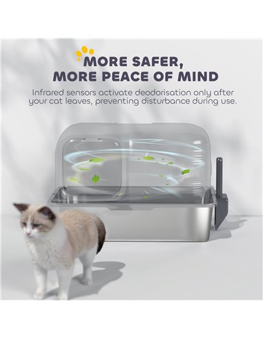PawHut 65L Extra Large Stainless Steel Litter Tray with Plasma Deodoriser System, High Sided, Easy to Clean & Odour-Resistant