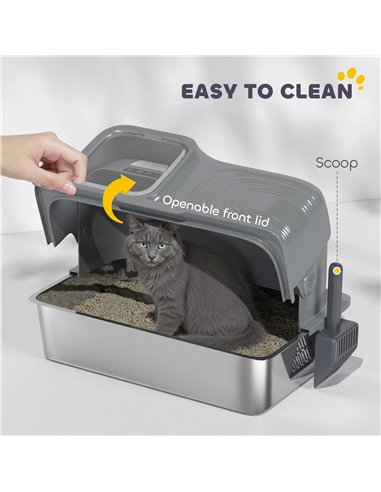 PawHut 65L Extra Large Stainless Steel Litter Tray with Plasma Deodoriser System, High Sided, Easy to Clean & Odour-Resistant
