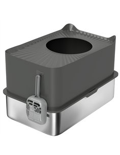 PawHut Stainless Steel Cat Litter Tray, Extra Large Enclosed Litter Box with Scoop, Top Entrance, Non-slip Pads, Dark Grey