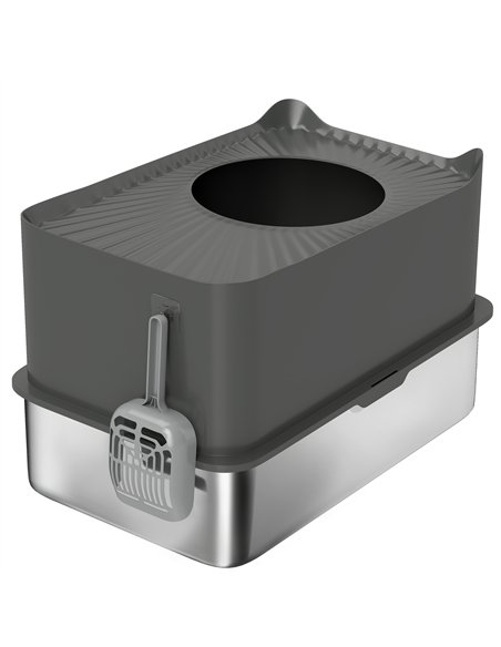 PawHut Stainless Steel Cat Litter Tray, Extra Large Enclosed Litter Box with Scoop, Top Entrance, Non-slip Pads, Dark Grey - pic 194473 | FastDaddyshop