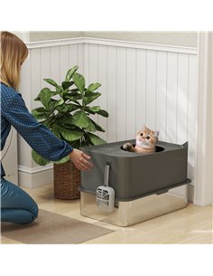 PawHut Stainless Steel Cat Litter Tray, Extra Large Enclosed Litter Box with Scoop, Top Entrance, Non-slip Pads, Dark Grey 2