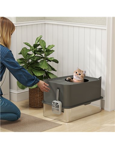 PawHut Stainless Steel Cat Litter Tray, Extra Large Enclosed Litter Box with Scoop, Top Entrance, Non-slip Pads, Dark Grey
