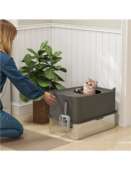 PawHut Stainless Steel Cat Litter Tray, Extra Large Enclosed Litter Box with Scoop, Top Entrance, Non-slip Pads, Dark Grey - pic 194474 | FastDaddyshop