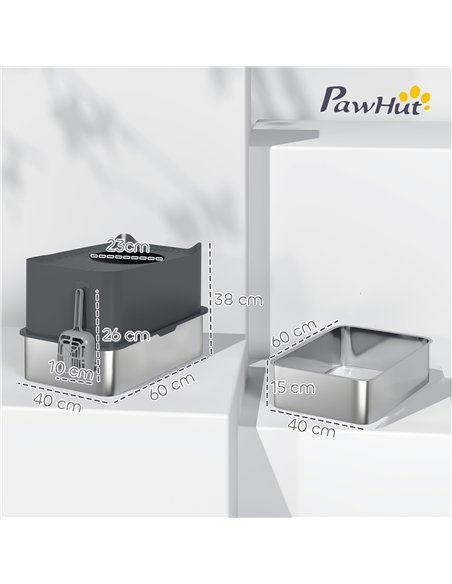PawHut Stainless Steel Cat Litter Tray, Extra Large Enclosed Litter Box with Scoop, Top Entrance, Non-slip Pads, Dark Grey - pic 194475 | FastDaddyshop