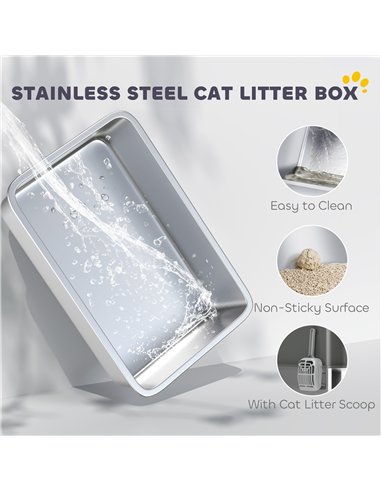 PawHut Stainless Steel Cat Litter Tray, Extra Large Enclosed Litter Box with Scoop, Top Entrance, Non-slip Pads, Dark Grey