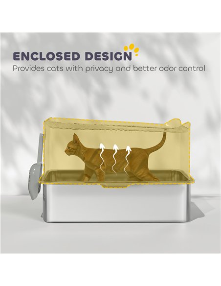 PawHut Stainless Steel Cat Litter Tray, Extra Large Enclosed Litter Box with Scoop, Top Entrance, Non-slip Pads, Dark Grey - pic 194477 | FastDaddyshop