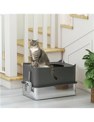 PawHut Stainless Steel Cat Litter Tray, Extra Large Enclosed Litter Box with Scoop, Top Entrance, Non-slip Pads, Dark Grey