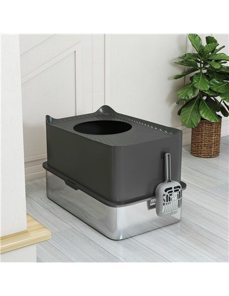 PawHut Stainless Steel Cat Litter Tray, Extra Large Enclosed Litter Box with Scoop, Top Entrance, Non-slip Pads, Dark Grey - pic 194481 | FastDaddyshop
