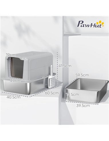PawHut Stainless Steel Cat Litter Box with Removable Lid, Scoop, Filter Bags, for Larger Cats, Grey