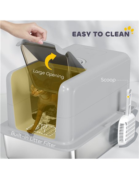 PawHut Stainless Steel Cat Litter Box with Removable Lid, Scoop, Filter Bags, for Larger Cats, Grey - pic 194486 | FastDaddyshop