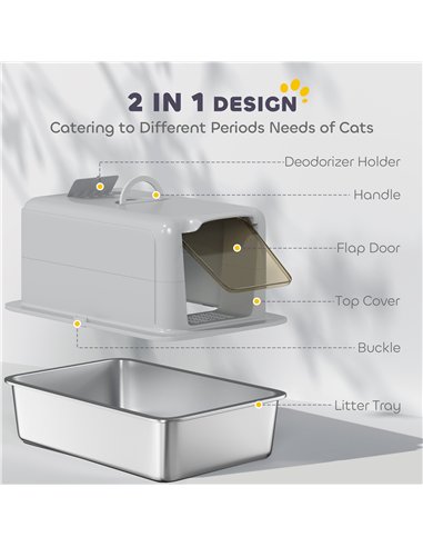 PawHut Stainless Steel Cat Litter Box with Removable Lid, Scoop, Filter Bags, for Larger Cats, Grey