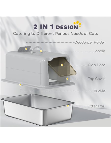 PawHut Stainless Steel Cat Litter Box with Removable Lid, Scoop, Filter Bags, for Larger Cats, Grey - pic 194487 | FastDaddyshop