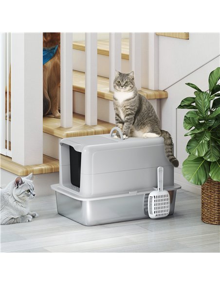 PawHut Stainless Steel Cat Litter Box with Removable Lid, Scoop, Filter Bags, for Larger Cats, Grey - pic 194489 | FastDaddyshop