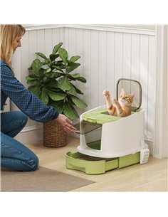 PawHut Cat Litter Box with Lid, Scoop, Deodorisation Bags, Top Entry, Green 2
