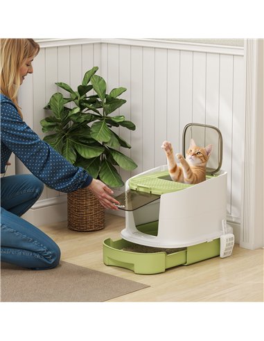 PawHut Cat Litter Box with Lid, Scoop, Deodorisation Bags, Top Entry, Green