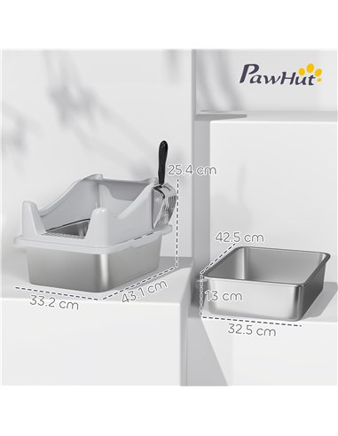 PawHut Stainless Steel Cat Litter Box with High Sides, Metal Scoop, 43 x 33 x 25 cm