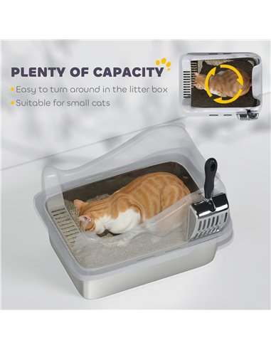 PawHut Stainless Steel Cat Litter Box with High Sides, Metal Scoop, 43 x 33 x 25 cm