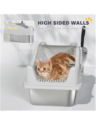 PawHut Stainless Steel Cat Litter Box with High Sides, Metal Scoop, 43 x 33 x 25 cm