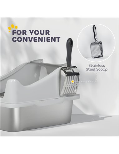PawHut Stainless Steel Cat Litter Box with High Sides, Metal Scoop, 43 x 33 x 25 cm