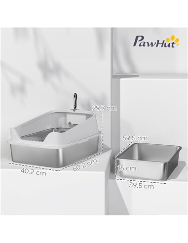 PawHut XL Stainless Steel Cat Litter Box with High Sides, Metal Scoop, 60 x 40 x 30 cm