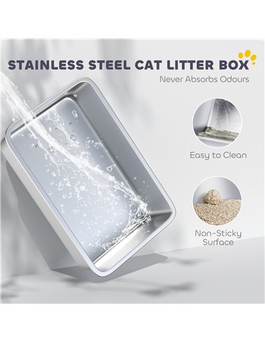 PawHut XL Stainless Steel Cat Litter Box with High Sides, Metal Scoop, 60 x 40 x 30 cm