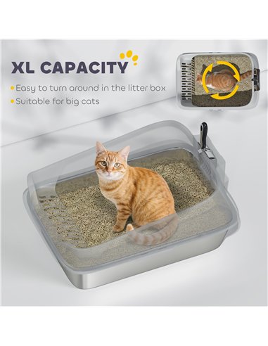 PawHut XL Stainless Steel Cat Litter Box with High Sides, Metal Scoop, 60 x 40 x 30 cm