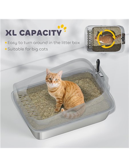 PawHut XL Stainless Steel Cat Litter Box with High Sides, Metal Scoop, 60 x 40 x 30 cm - pic 194513 | FastDaddyshop