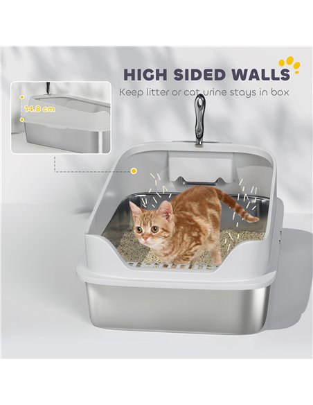 PawHut XL Stainless Steel Cat Litter Box with High Sides, Metal Scoop, 60 x 40 x 30 cm - pic 194514 | FastDaddyshop