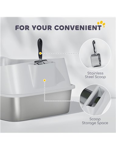 PawHut XL Stainless Steel Cat Litter Box with High Sides, Metal Scoop, 60 x 40 x 30 cm