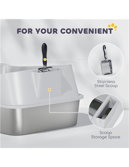 PawHut XL Stainless Steel Cat Litter Box with High Sides, Metal Scoop, 60 x 40 x 30 cm - pic 194516 | FastDaddyshop