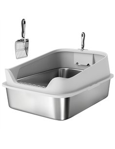 PawHut XXL Stainless Steel Cat Litter Box with High Sides, Metal Scoop, 70 x 50 x 30 cm