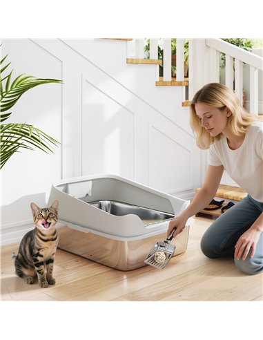PawHut XXL Stainless Steel Cat Litter Box with High Sides, Metal Scoop, 70 x 50 x 30 cm