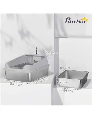 PawHut XXL Stainless Steel Cat Litter Box with High Sides, Metal Scoop, 70 x 50 x 30 cm