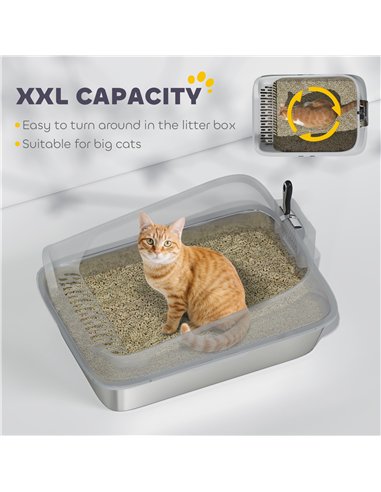 PawHut XXL Stainless Steel Cat Litter Box with High Sides, Metal Scoop, 70 x 50 x 30 cm