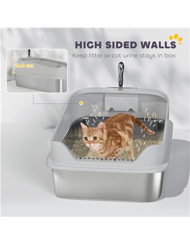PawHut XXL Stainless Steel Cat Litter Box with High Sides, Metal Scoop, 70 x 50 x 30 cm