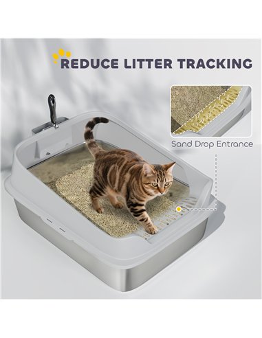 PawHut XXL Stainless Steel Cat Litter Box with High Sides, Metal Scoop, 70 x 50 x 30 cm